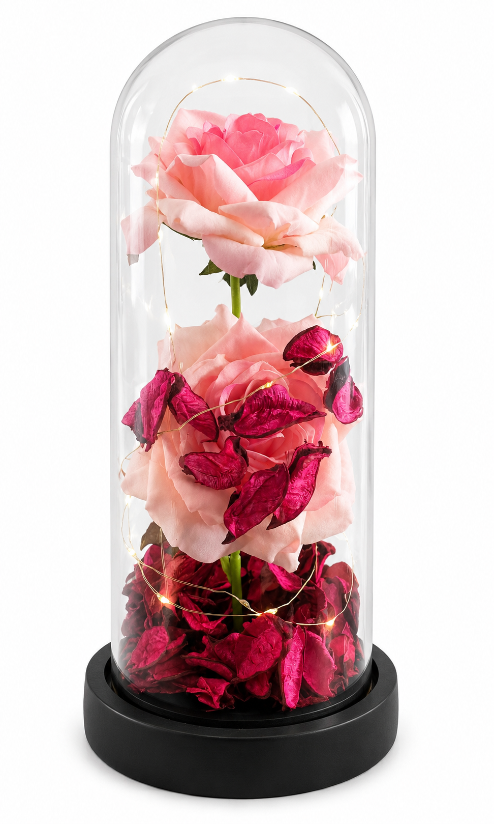 LED Light Pink Rose Glass Dome with Fairy Lights