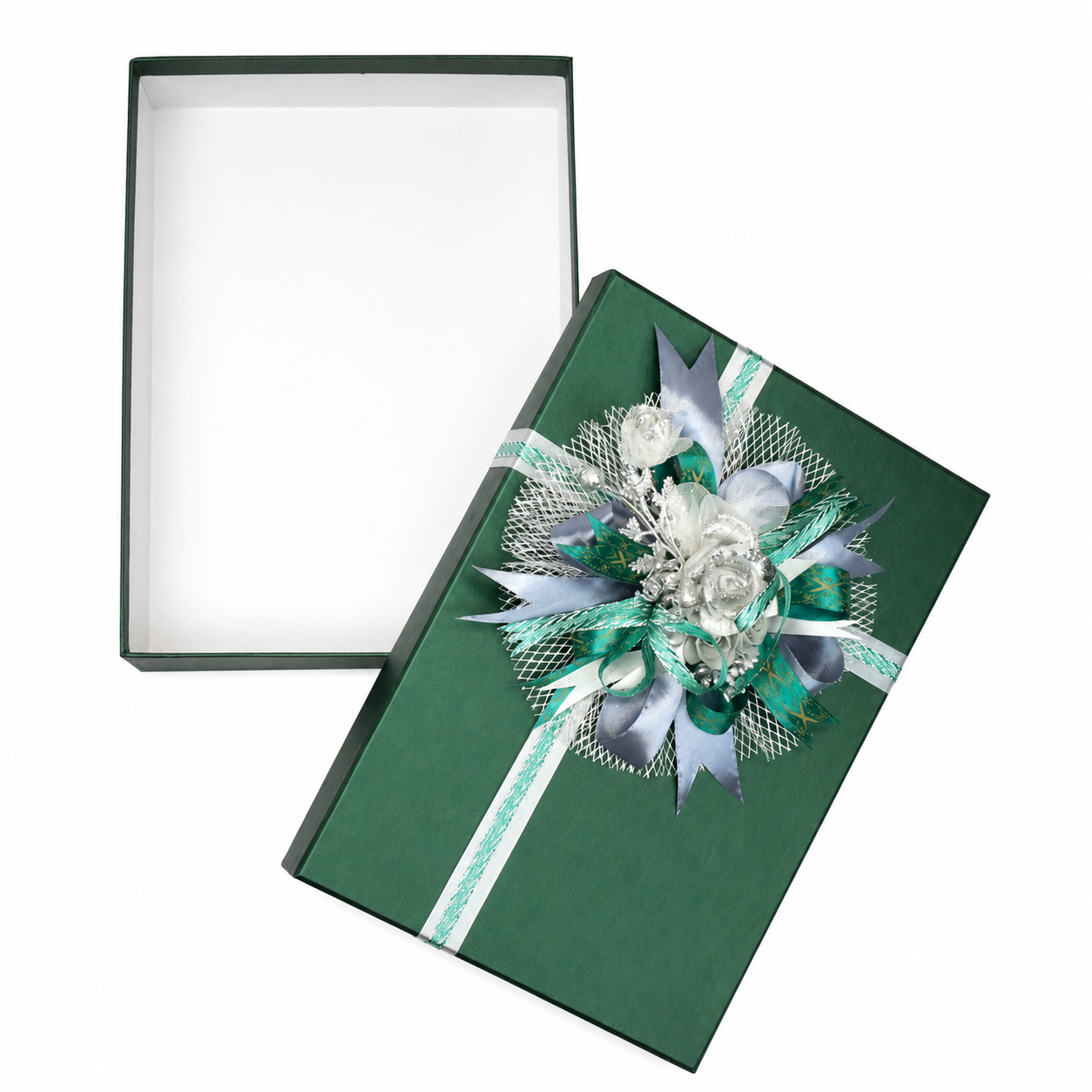 Luxury Green & Silver Ribbon Gift Box