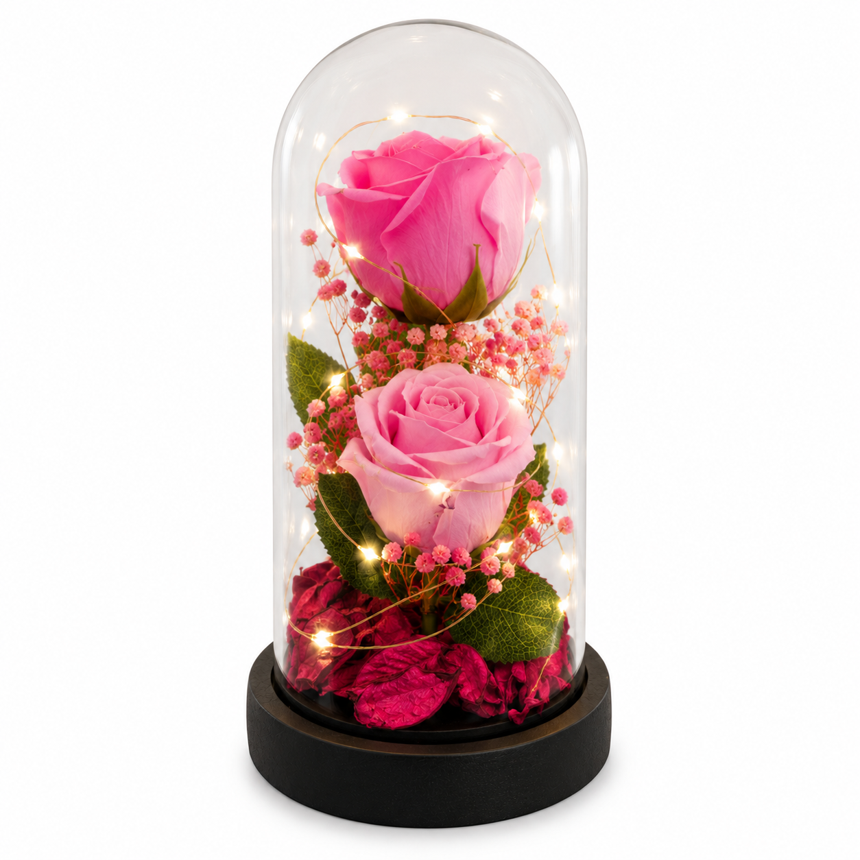 LED Light Pink Rose Glass Dome with Fairy Lights